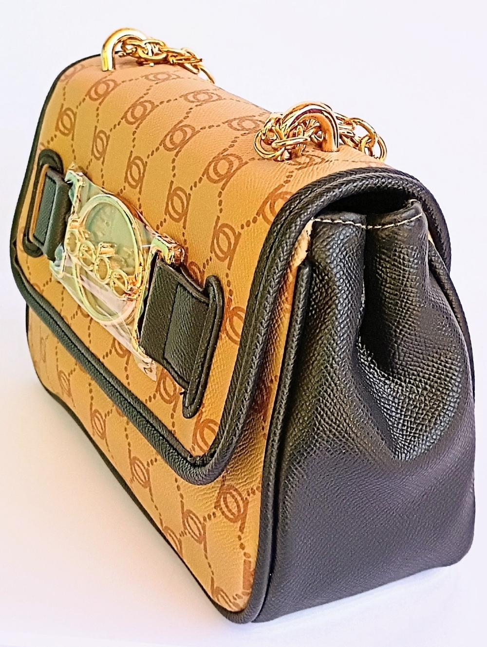 Bebe Leilani Monogram Shoulder Bag Gold Chain NWT Beige Black Crossbody - Picture 4 of 8